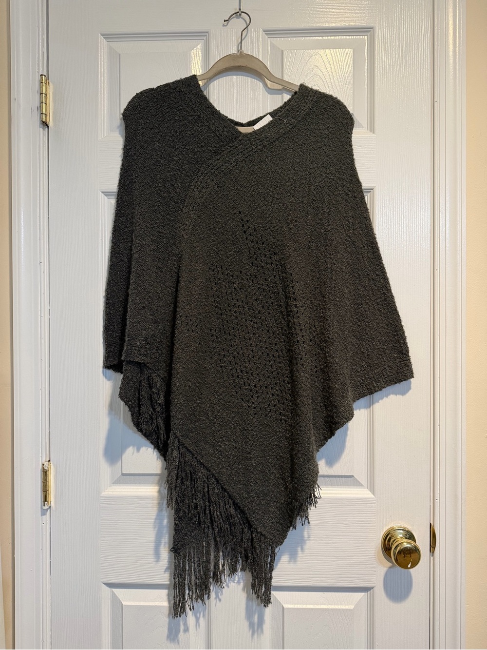 Women's Charcoal Fringe Knit Poncho Sweater Eyelet